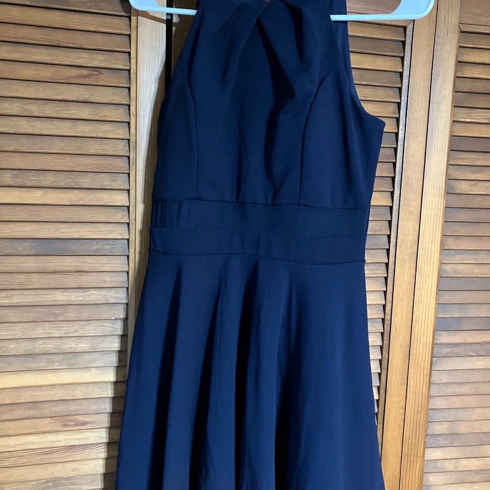 Navy Fit-and-Flare Dress with Mesh Cutout – Size Medium